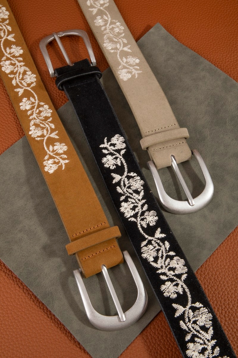 Embroidered Flower Vine Print Vegan Leather Belt