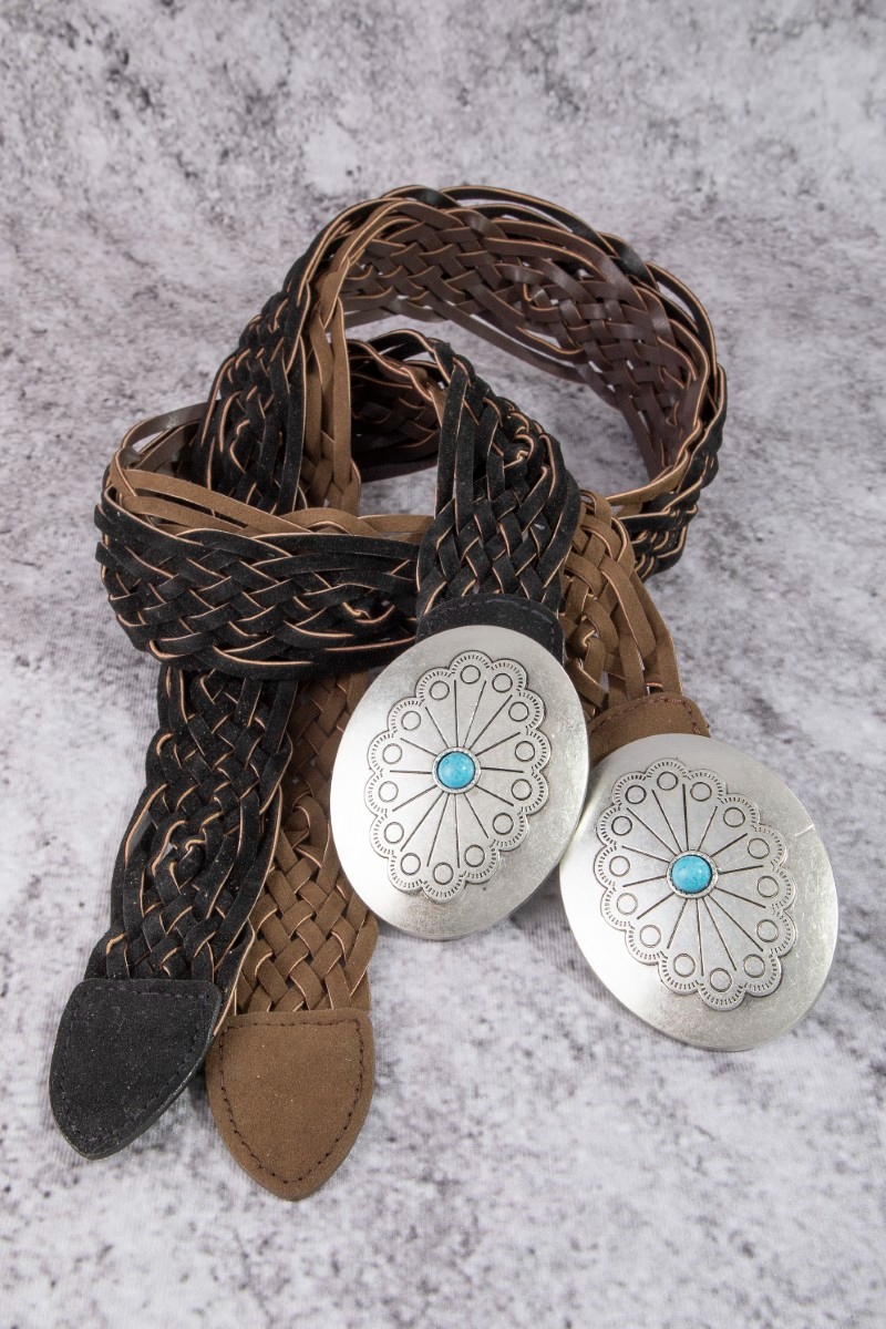 Western Braided Concho Buckle Vegan Leather Belt