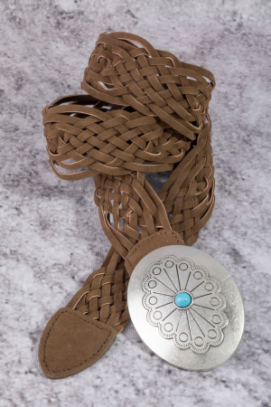 Western Braided Concho Buckle Vegan Leather Belt