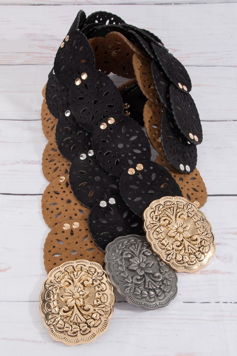 Embroidered Floral Buckle Vegan Leather Belt