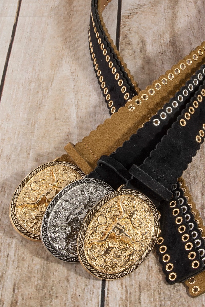 Western Grommet Oval Longhorn Buckle Vegan Leather Belt