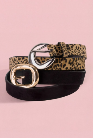 Black And Leopard Print Vegan Leather Belt Set