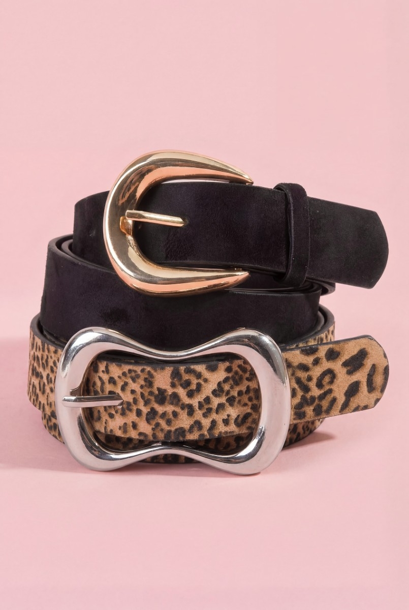 Two Piece Black Leopard Vegan Leather Belt Set