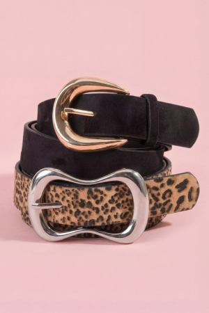 Two Piece Black Leopard Vegan Leather Belt Set