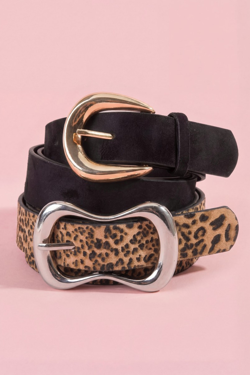 Two Piece Black Leopard Vegan Leather Belt Set