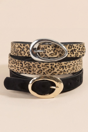 Black And Leopard Print Oval Buckle Vegan Leather Belt Set