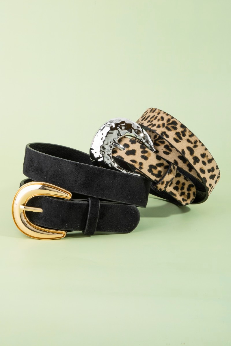Two Piece Vegan Leather Black And Leopard Belt Set