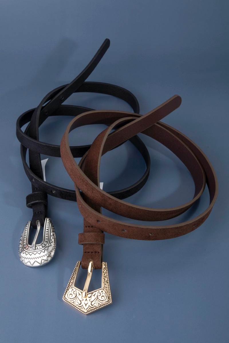 Embroidered Buckle Black And Brown Vegan Leather Belt Set