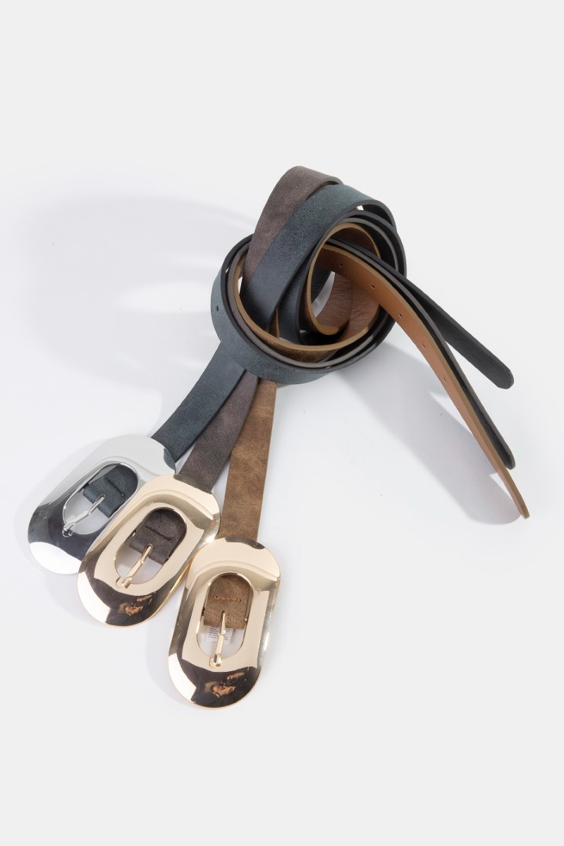 Long Oval Buckle Vegan Leather Belt