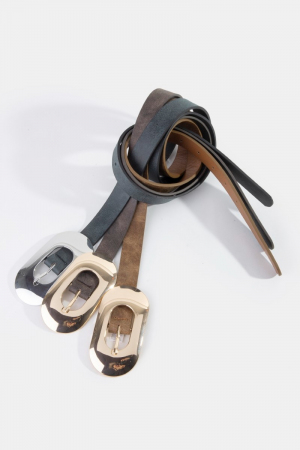 Long Oval Buckle Vegan Leather Belt