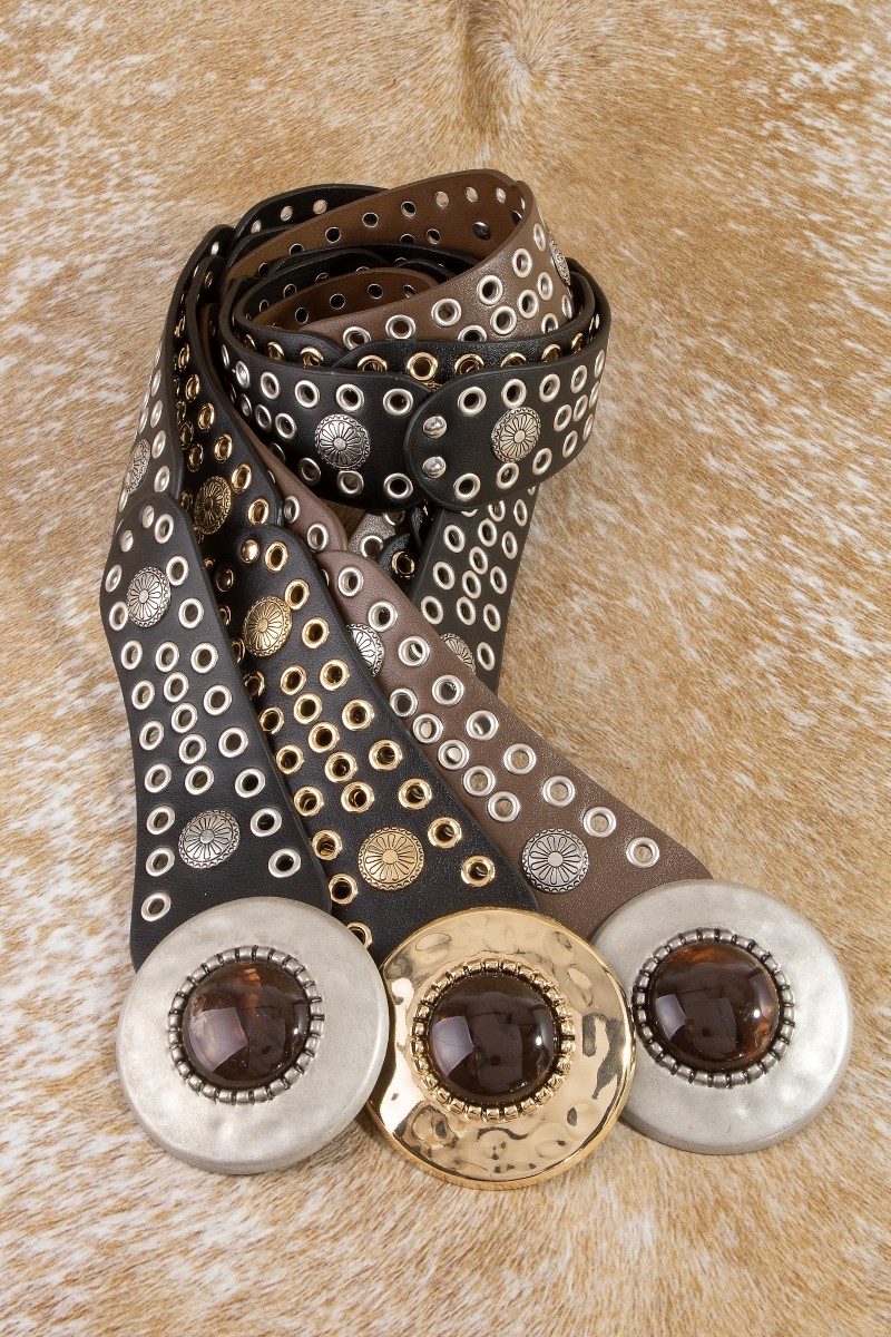 Hammered Circle Buckle Studded Vegan Leather Belt