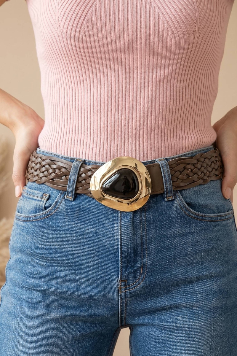 Woven Vegan Leather Belt With Stone Buckle
