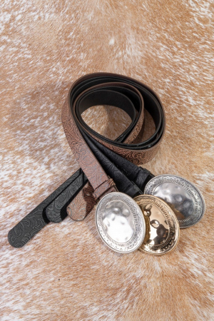 Hammered Oval Buckle Western Embroidered Vegan Leather Belt