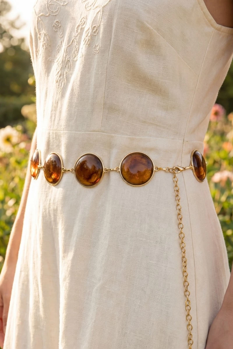 Round Stone Gold Frame Chain Belt
