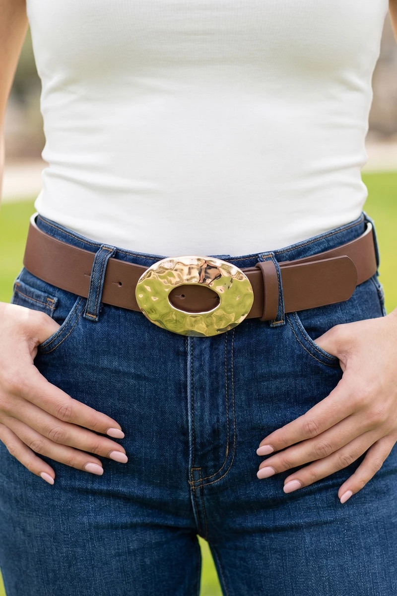 Vegan Leather Hammered Oval Buckle Belt