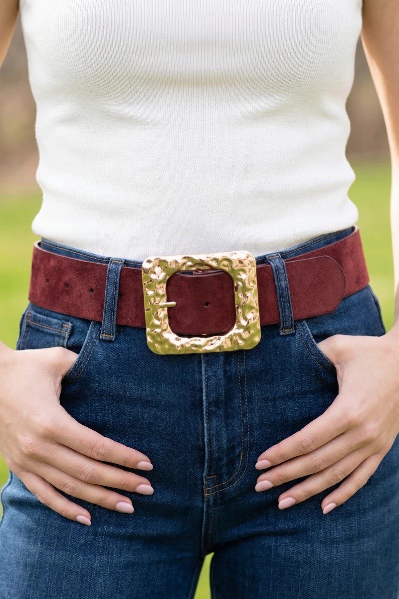 Vegan Suede Square Hammered Buckle Belt