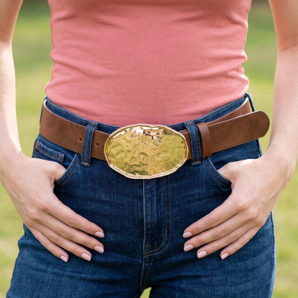 Vegan Leather Belt With Hammered Oval Buckle