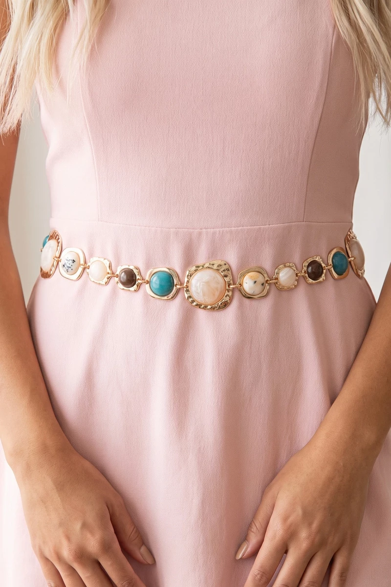 Oval Cabochon Hammered Chain Belt