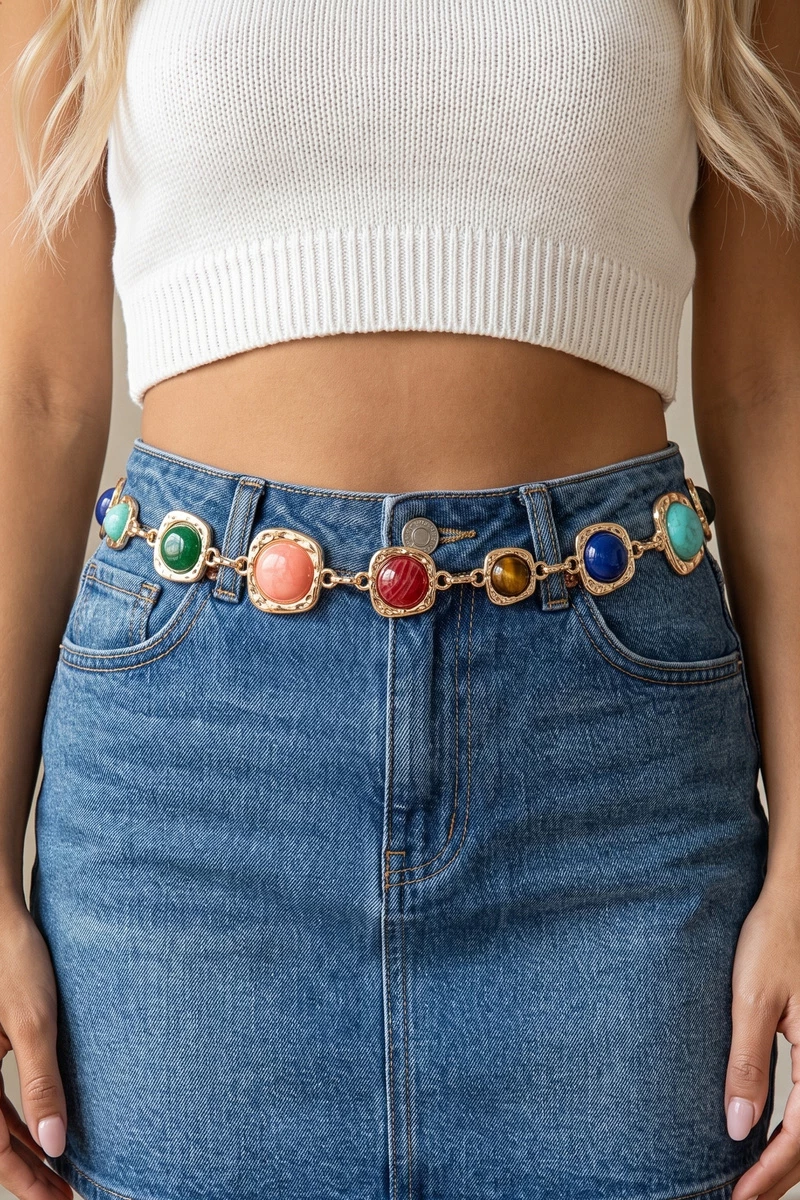 Gemstone Cabochon Station Chain Belt