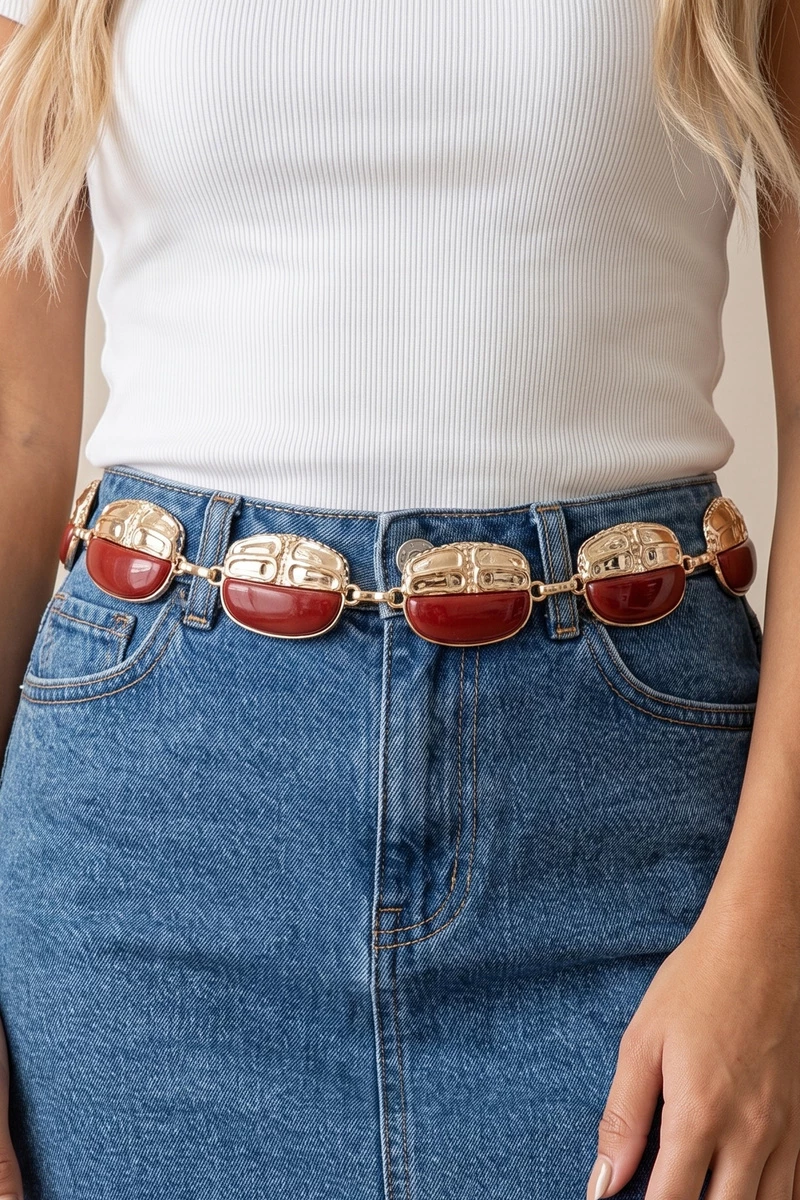 Oval Stone Ridged Plaque Chain Belt