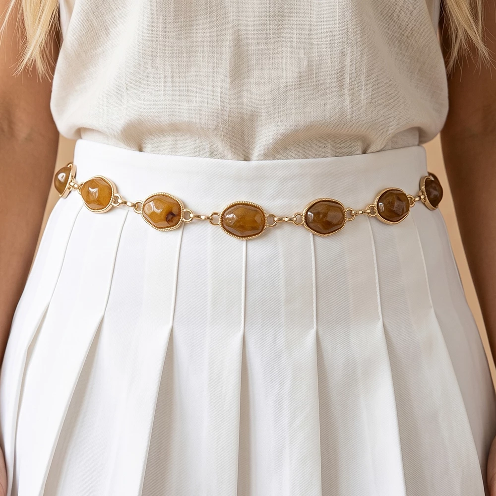Faceted Oval Stone Station Chain Belt