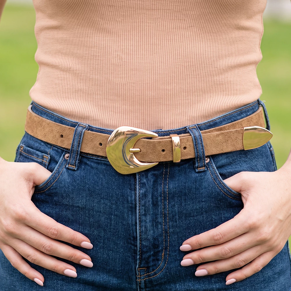 Vegan Suede Belt With Sculpted Shield Buckle