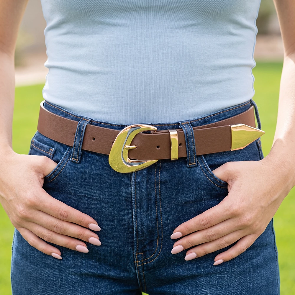 Vegan Leather Belt With Angular Geometric Buckle