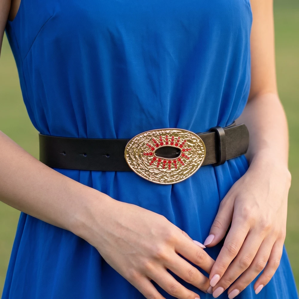 Crystal Starburst Buckle Vegan Leather Belt