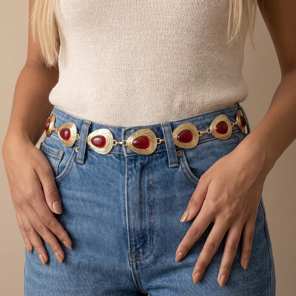Teardrop Cabochon Chain Belt With Ridged Frames