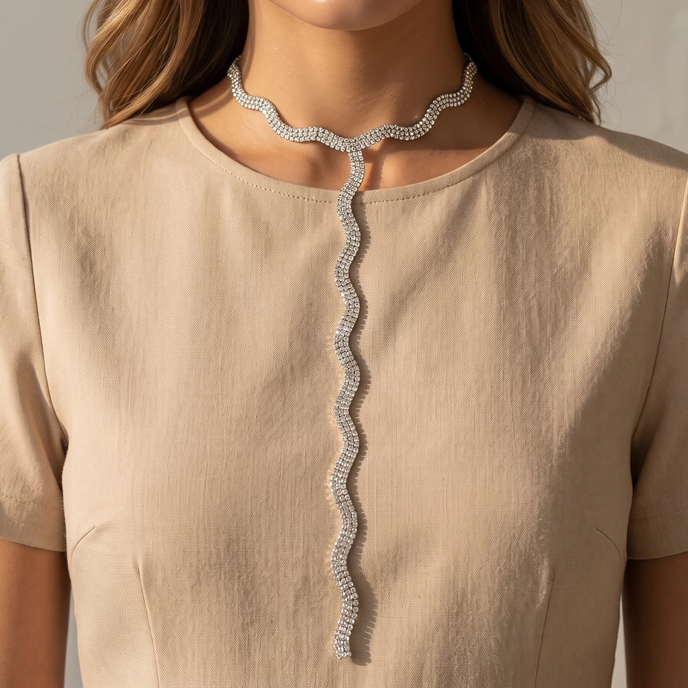 Rhinestone Pave Wavy Y Drop Necklace