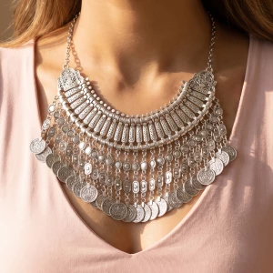 Ornate Coin Fringe Statement Bib Necklace