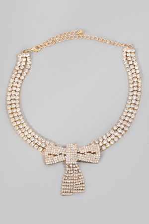 Pave Rhinestone Bow Choker Necklace