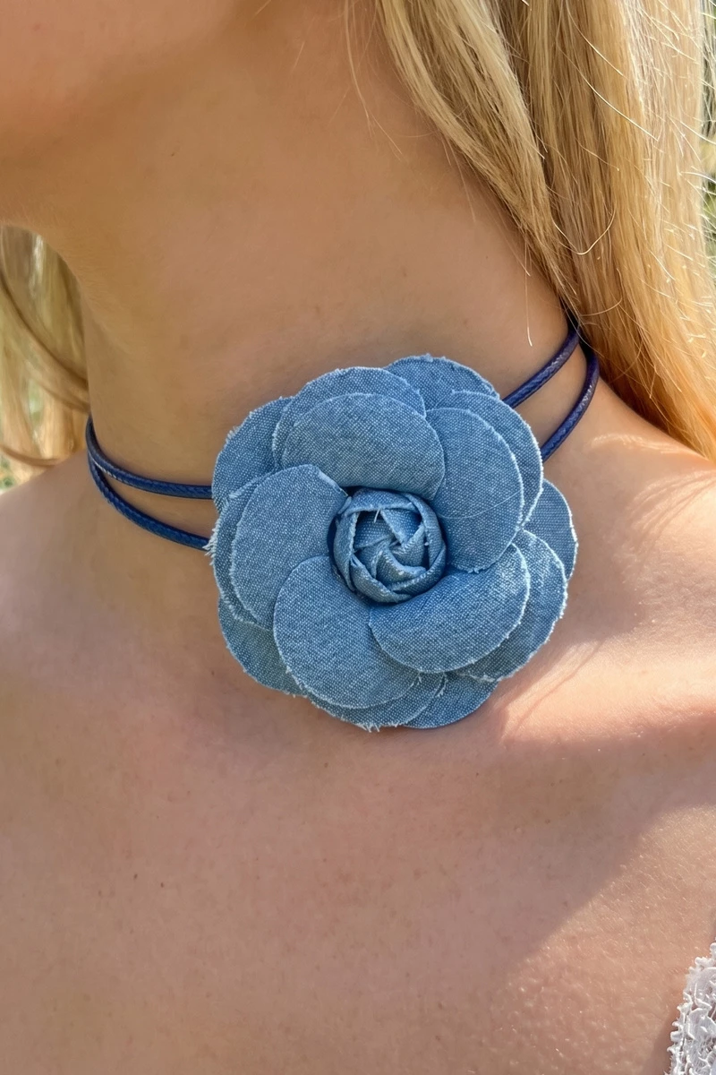 Denim Fabric Rose Pendant Cord Necklace