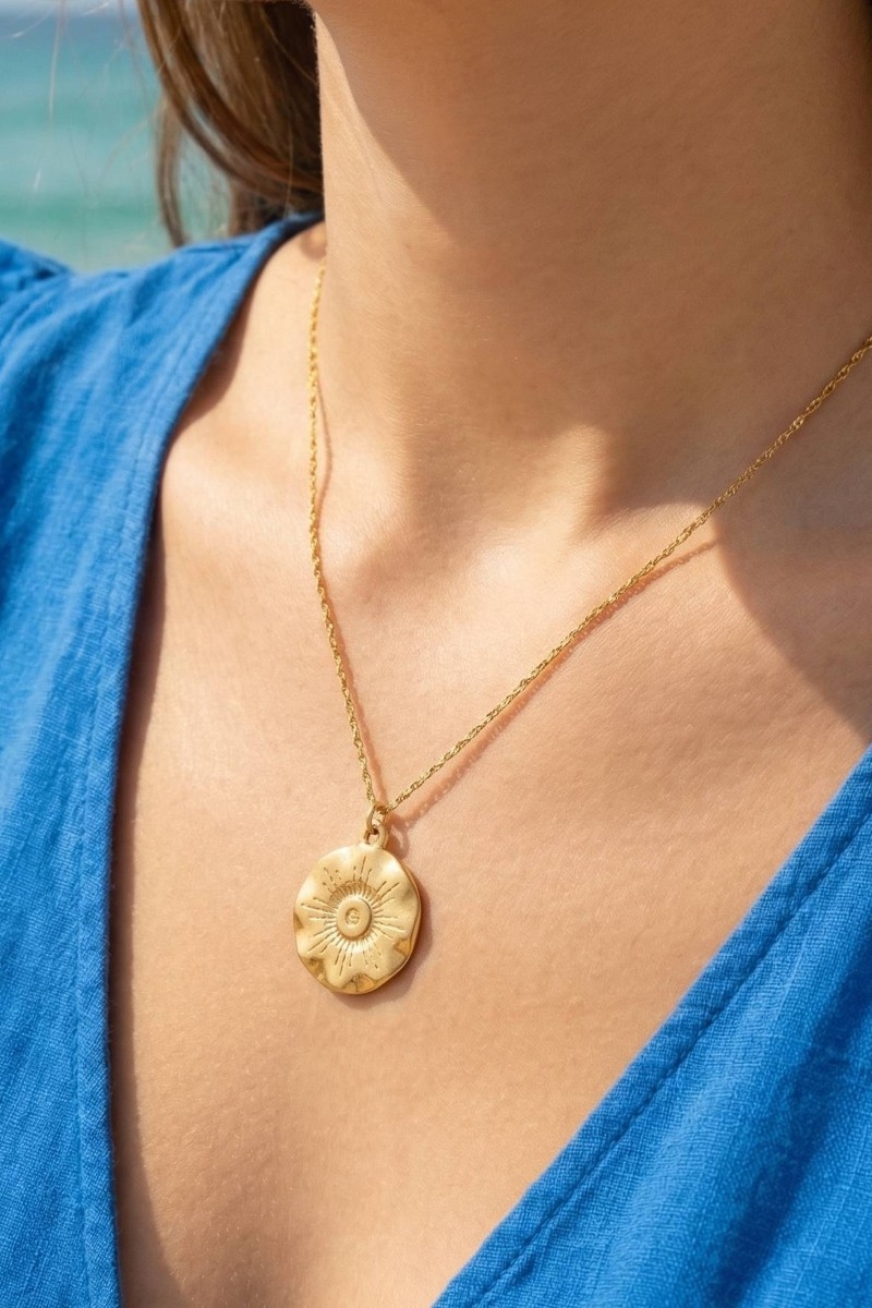 Stainless Steel Flower Etched Coin Pendant Necklace