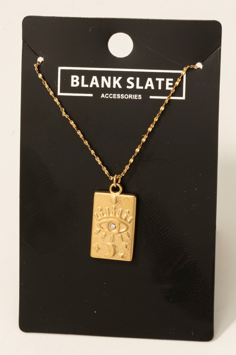 Stainless Steel Evil Eye And Moon Rectangle Pendant Necklace