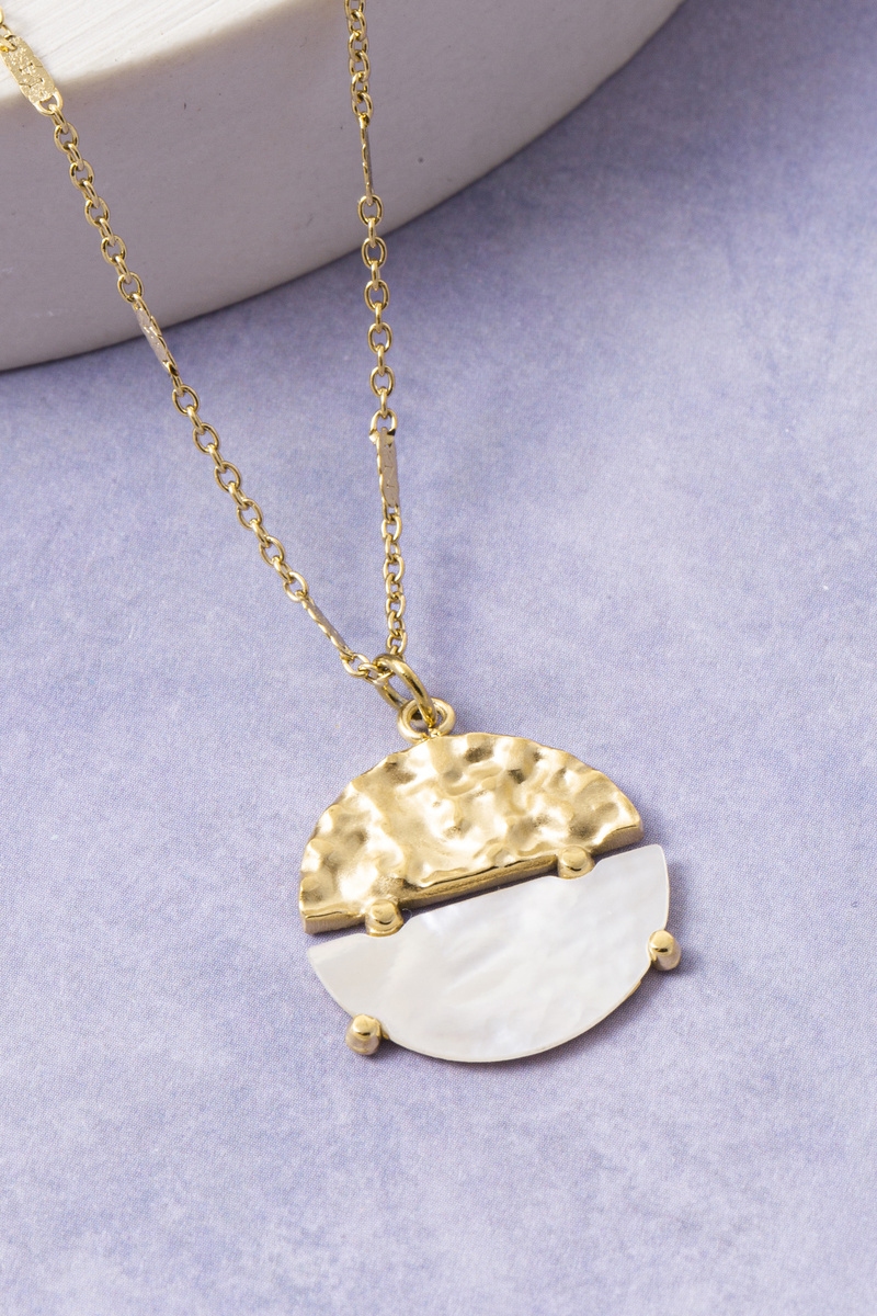Stainless Steel Half Hammered Disc Pendant Necklace