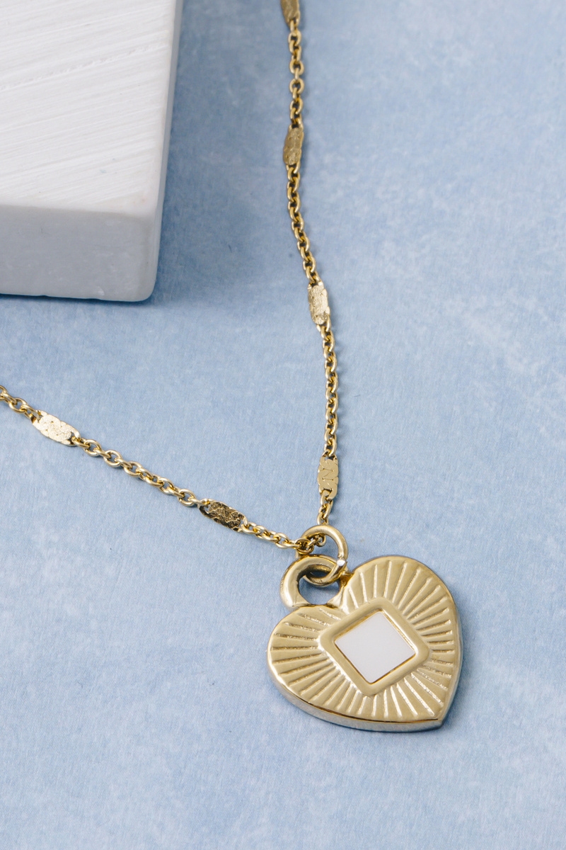 Enamel And Mop Heart Sunburst Pendant Necklace