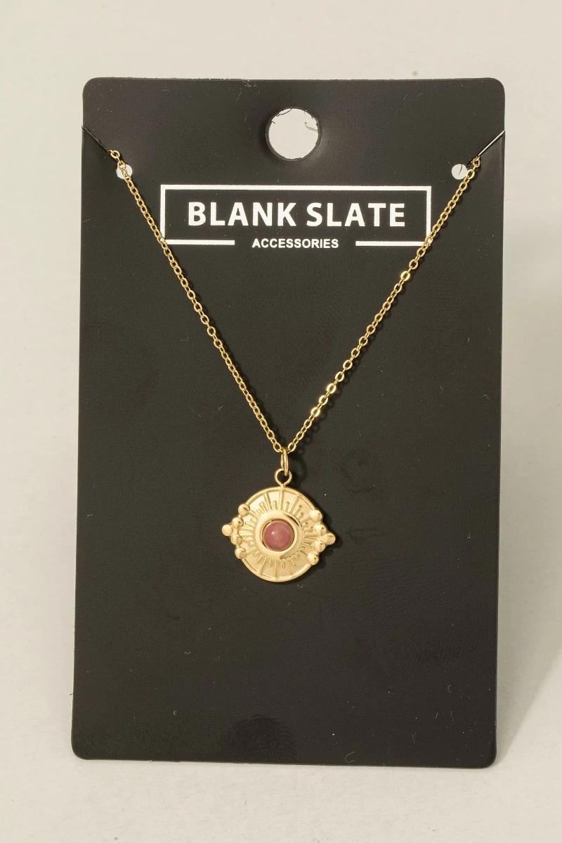 Stainless Steel Stone Stud Coin Pendant Necklace