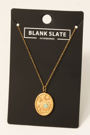 Stainless Steel Sun Moon And Stars Oval Pendant Necklace