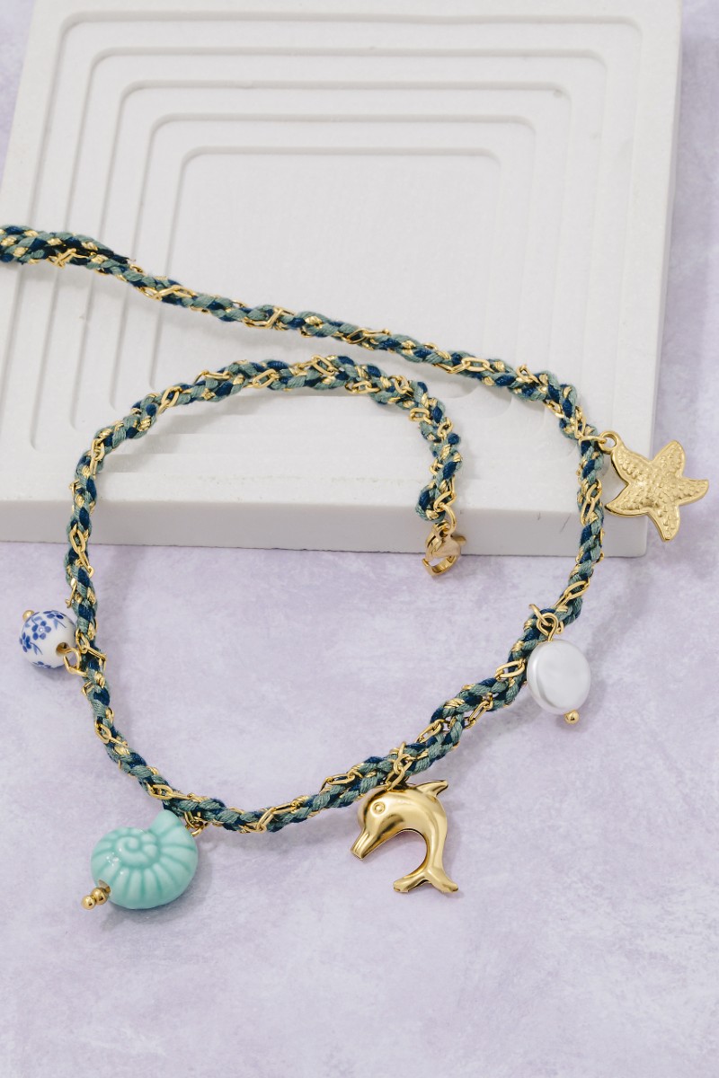 Stainless Steel Sea Life Dolphin And Floral Bead Charms Braided Necklace