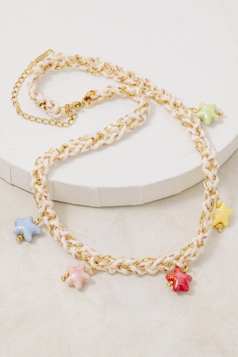 Stainless Steel Enamel Star Charms Cord And Chain Braided Necklace