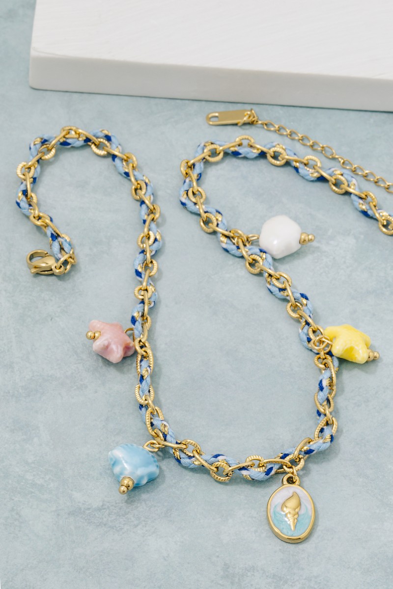 Stainless Steel Conch Shell Coin And Epoxy Sea Life Charms Braided Necklace