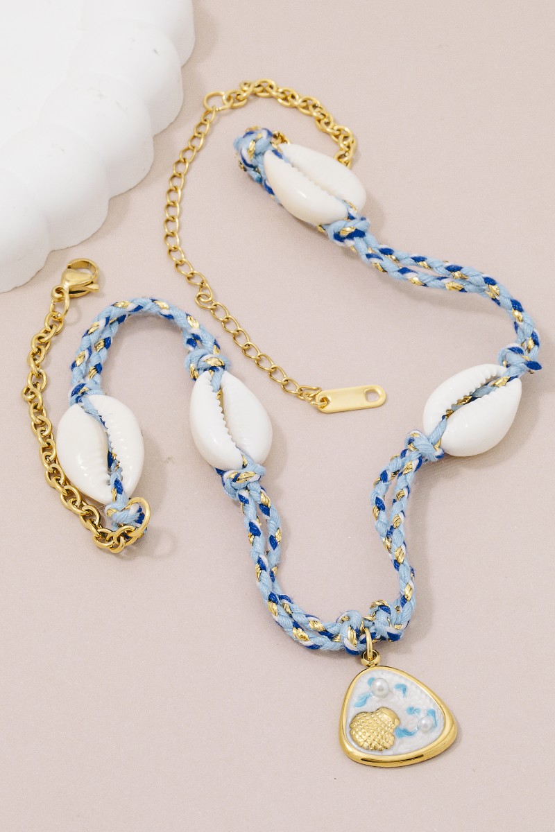 Stainless Steel Sea Life Coin And Puka Shell Charms Braided Necklace