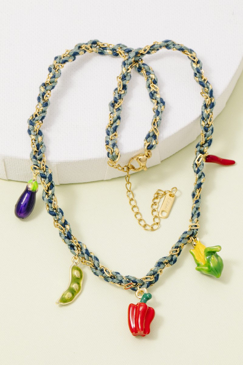 Stainless Steel Mixed Fruits And Veggie Charms Braided Necklace