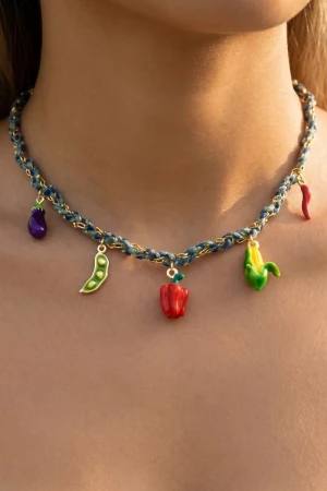 Stainless Steel Mixed Fruits And Veggie Charms Braided Necklace