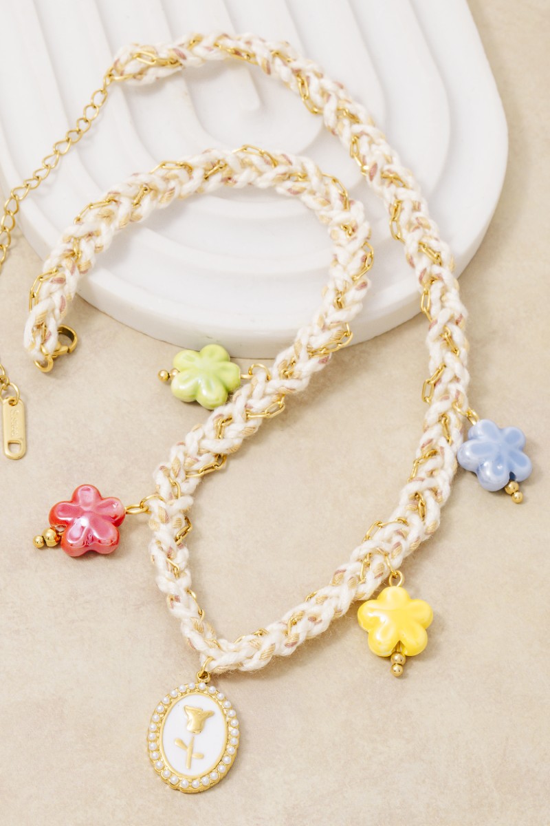 Stainless Steel Flower Coin And Epoxy Charms Braided Necklace