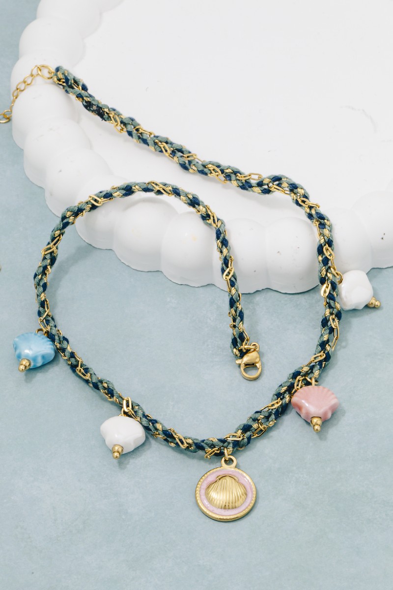 Stainless Steel Clam Shell Coin And Epoxy Charms Braided Necklace