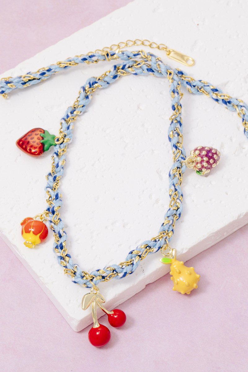 Stainless Steel Assorted Fruits Charms Braided Necklace