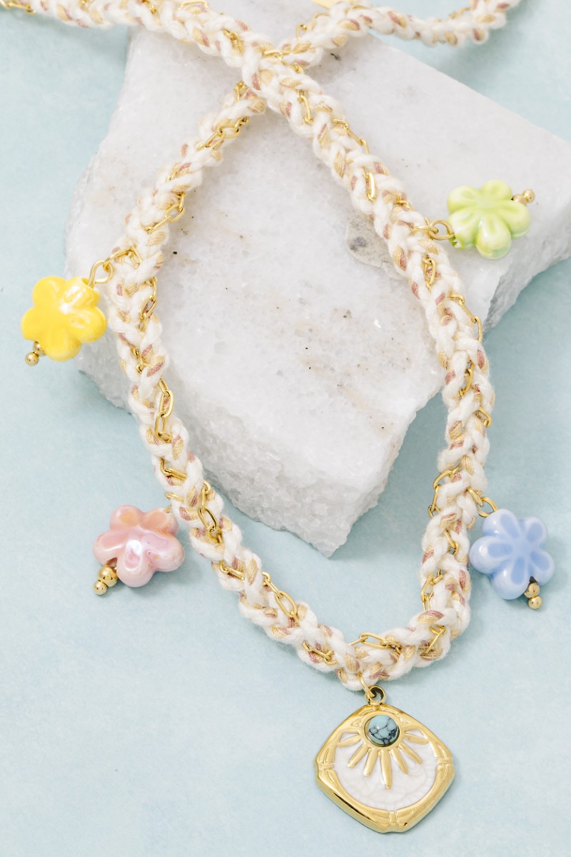 Stainless Steel Enamel Flower Charms And Pendant Braided Necklace