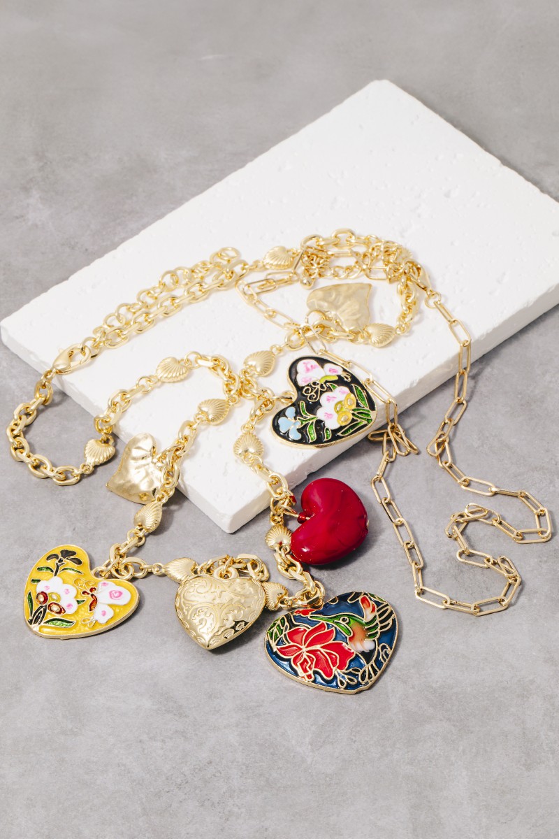 Intricate Enamel And Metallic Heart Charms Statement Necklace